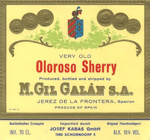 ETIQUETA VINO OLOROSO SHERRY VERY OLD. M. GIL GALAN S.A. JEREZ FRA.