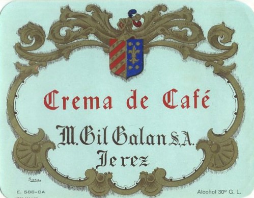 ETIQUETA CREMA DE CAFÉ. M. GIL GALAN, S.A. JEREZ.