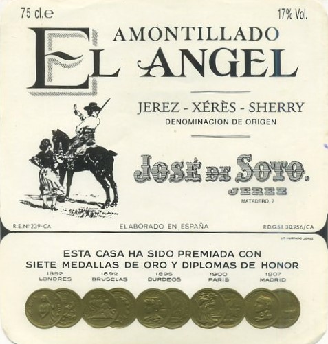 ETIQUETA VINO AMONTILLADO EL ANGEL. JOSE DE SOTO JEREZ.