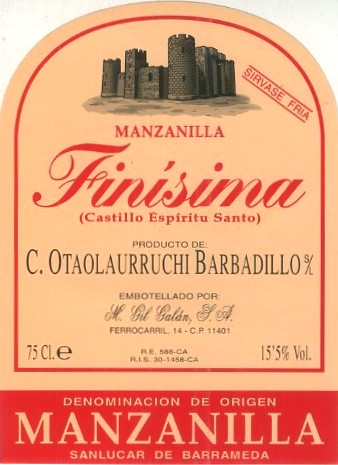 ETIQUETA VINO MANZANILLA FINISIMA CASTILLO ESPIRITU SANTO. C. OTAOLAURRUCHI BABARDILLO S.L. SANLUCAR