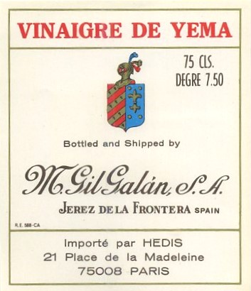 ETIQUETA VINO-VINAIGRE DE YEMA. M. GIL GALAN, S.A. JEREZ FRA.