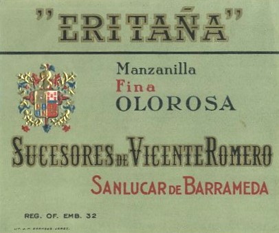 ETIQUETA VINO MANZANILLA FINA OLOROSA ERITAÑA. SUCESORES DE VICENTE ROMERO- SANLUCAR BARRAMEDA.