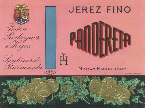 ETIQUETA VINO JEREZ FINO PANDERETA. PEDRO RODRIGUEZ E HIJOS. SANLUCAR BARRAMEDA