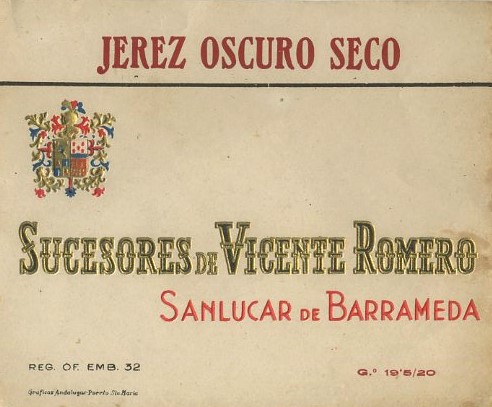 ETIQUETA VINO JEREZ OSCURO SECO. SUCESORES DE VICENTE ROMERO-SANLUCAR BARRAMEDA