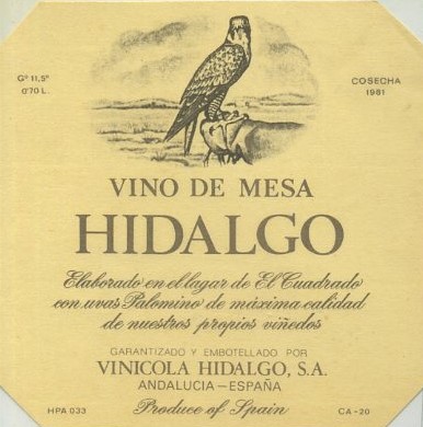 ETIQUETA VINO DE MESA HIDALGO. VINICOLA HIDALGO S.A. ANDALUCIA