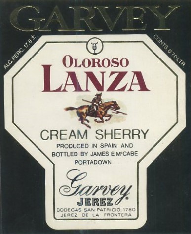 ETIQUETA VINO OLOROSO LANZA CREAM SHERRY. GARVEY-JEREZ. BODEGAS SAN PATRICIO. 1780 JEREZ FRA.