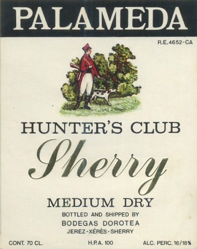 ETIQUETA VINO PALAMEDA HUNTER'S CLUB SHERRY MEDIUM DRY. BODEGAS DOROTEA-JEREZ