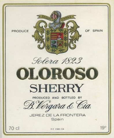 ETIQUETA VINO OLOROSO SHERRY SOLERA 1823. B. VERGARA & CIA. JEREZ FRA.