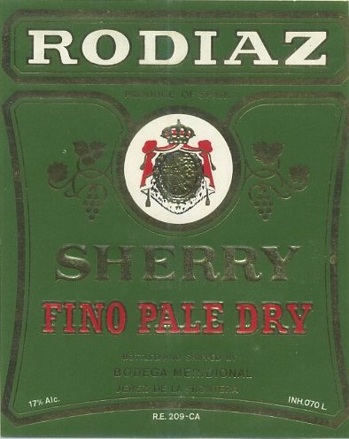 ETIQUETA VINO FINO PALE DRY SHERRY RODIAZ. BODEGA MERIDIONAL JEREZ FRA.