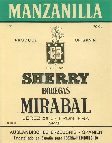 ETIQUETA VINO MANZANILLA SHERRY BODEGAS MIRABAL JEREZ FRA.