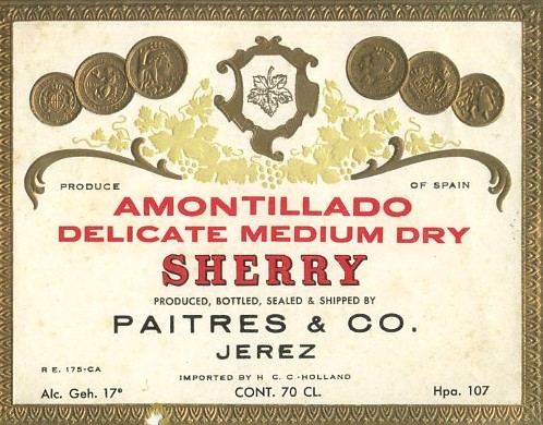 ETIQUETA VINO AMONTILLADO DELICATE MEDIUM DRY SHERRY. PAITRES & CO. JEREZ