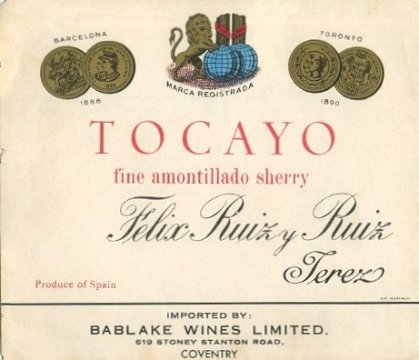ETIQUETA VINO FINE AMONTILLADO SHERRY TOCAYO. FELIX RUIZ Y RUIZ -JEREZ