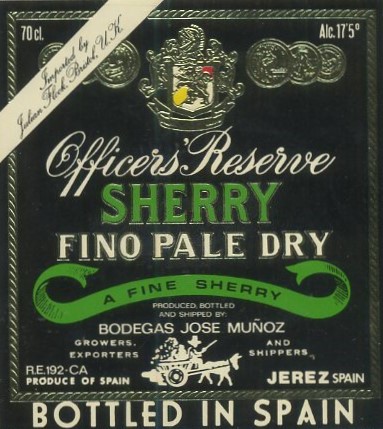 ETIQUETA VINO OFFICERS' RESERVE SHERRY FINO PALE DRY. BODEGAS JOSE MUÑOZ-JEREZ