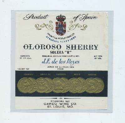 ETIQUETA VINO OLOROSO SHERRY SOLERA R. ALBARIZA VINEYARDS. J.E. DE LOS REYES -JEREZ FRA.
