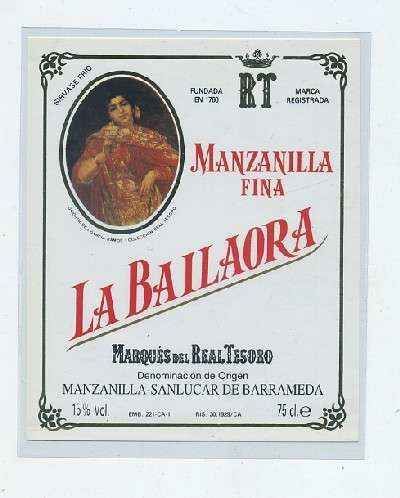 ETIQUETA VINO MANZANILLA FINA LA BAILAORA. MARQUES DEL REAL TESORO-SANLUCAR BDA.