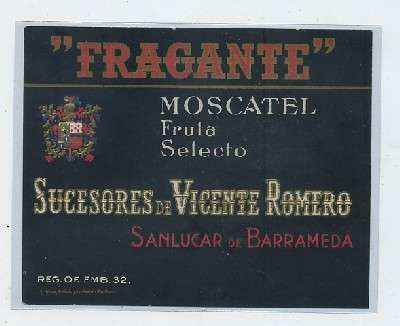 ETIQUETA VINO MOSCATEL FRUTA SELECTO FRAGANTE. SUCESORES VICENTE ROMERO-SANLUCAR BDA.