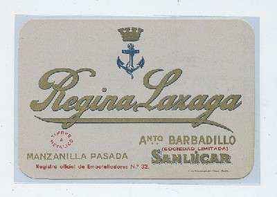 ETIQUETA VINO MANZANILLA PASADA REGINA LAZAGA. ANTO. BARBADILLO- SANLUCAR