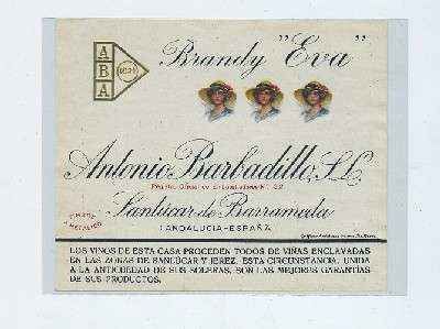 ETIQUETA BRANDY EVA. ANTONIO BARBADILLO S.L. -SANLUCAR BDA.