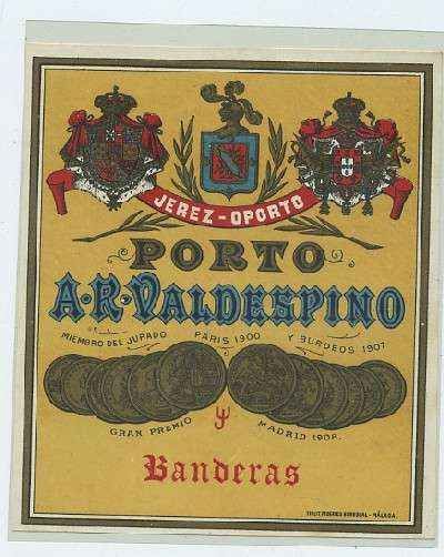 ETIQUETA VINO OPORTO. PORTO A.R. VALDESPINO -JEREZ. BANDERAS