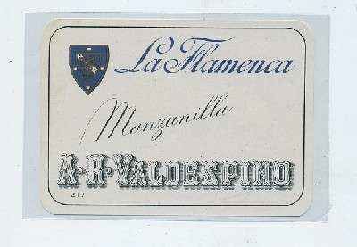 ETIQUETA VINO MANZANILLA LA FLAMENCA. A.R. VALDESPINO