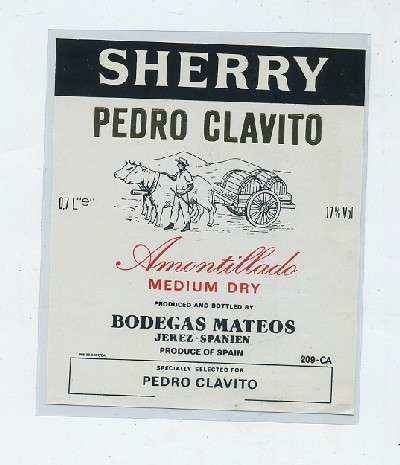 ETIQUETA VINO AMONTILLADO MEDIUM DRY PEDRO CLAVITO. BODEGAS MATEOS-JEREZ