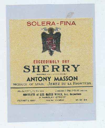 ETIQUETA VINO SOLERA FINA SHERRY. ANTONY MASSON-JEREZ FRA.