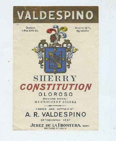 ETIQUETA VINO OLOROSO SHERRY CONSTITUTION. A.R. VALDESPINO-JEREZ FRA.
