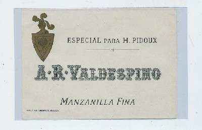 ETIQUETA VINO MANZANILLA FINA ESPECIAL PARA H. PIDOUX. A.R. VALDESPINO