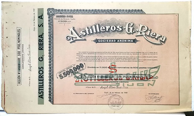 ACCION ANTIGUA ORIGINAL. ASTILLEROS G. RIERA, Nº 4712. GIJON AÑO 1959