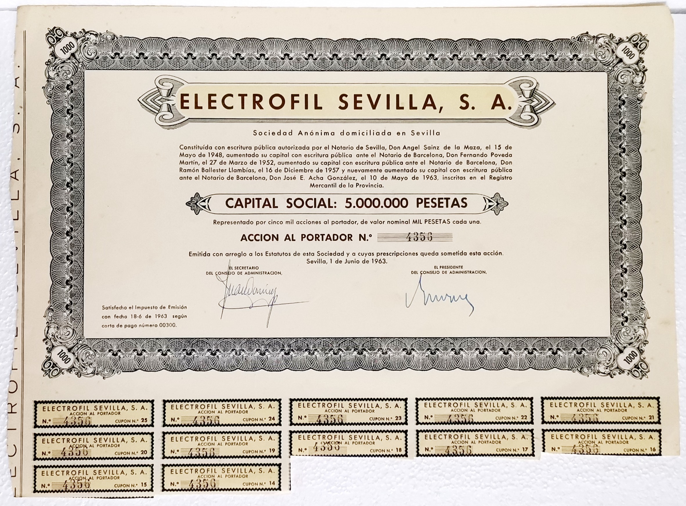 ACCION ANTIGUA ORIGINAL. ELECTROFIL SEVILLA S. A. Nº 4356. SEVILLA AÑO 1963