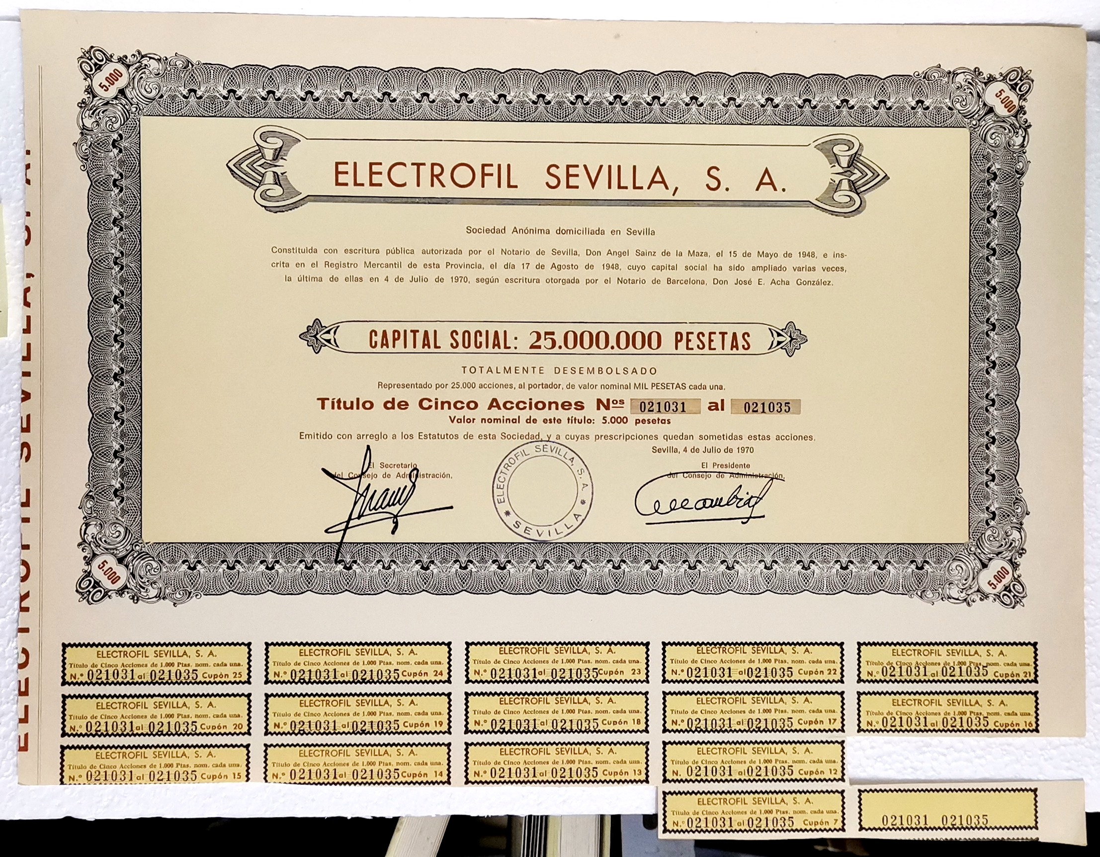 ACCION ANTIGUA ORIGINAL. ELECTROFIL SEVILLA S. A. Nº 021031 AL 021035. SEVILLA AÑO 1970