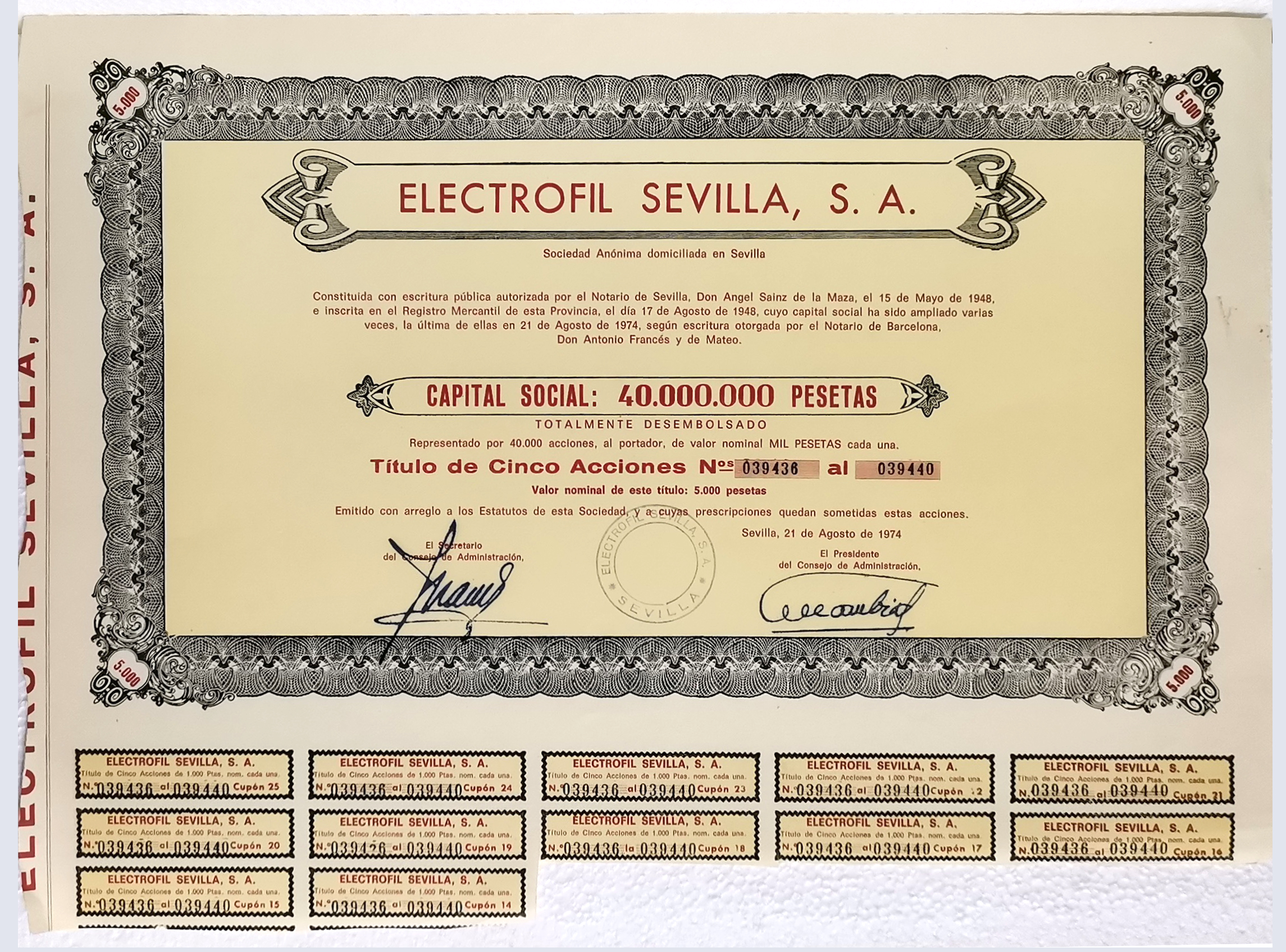 ACCION ANTIGUA ORIGINAL. ELECTROFIL SEVILLA S. A. Nº 039436 AL 039440. SEVILLA AÑO 1974