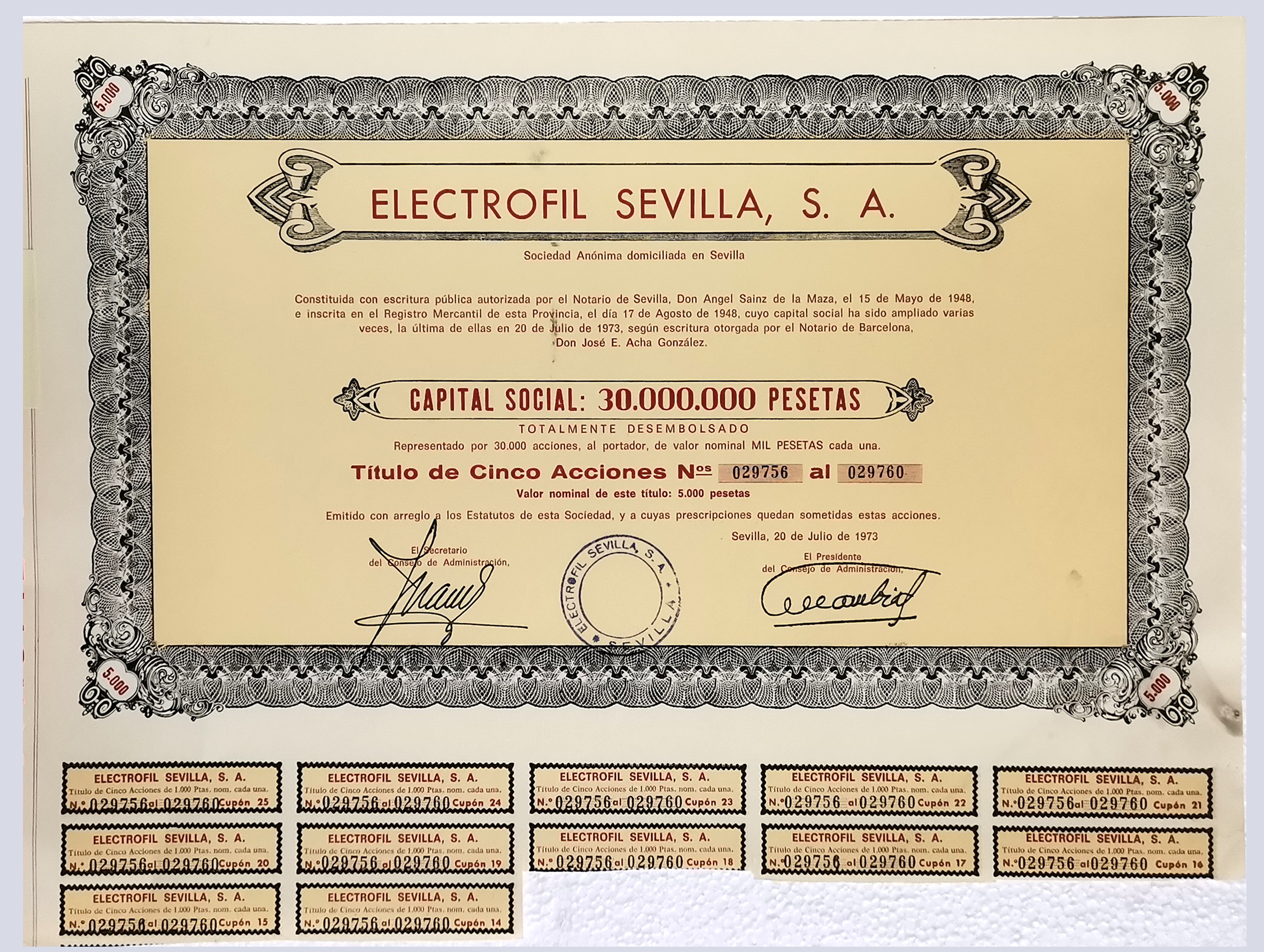 ACCION ANTIGUA ORIGINAL. ELECTROFIL SEVILLA S. A. Nº 029756 AL 029760. SEVILLA AÑO 1973