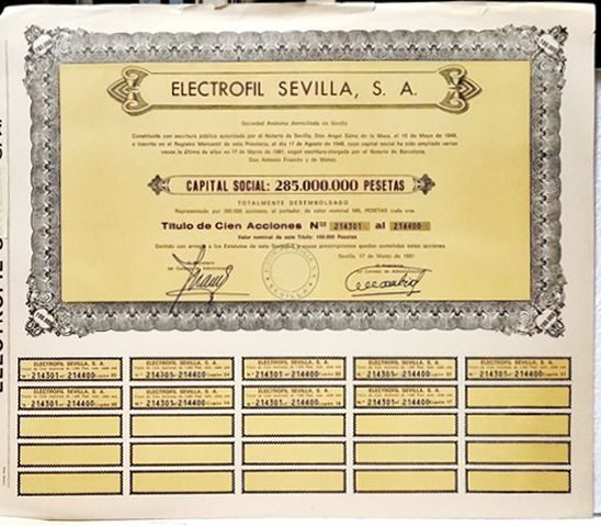 ACCION ANTIGUA ORIGINAL. ELECTROFIL SEVILLA S. A. Nº 214301 AL 214400. SEVILLA AÑO 1981