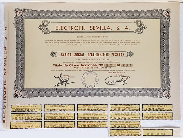 ACCION ANTIGUA ORIGINAL. ELECTROFIL SEVILLA S. A. Nº 021021 AL Nº 021025. SEVILLA 1970