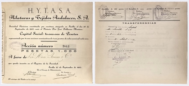 ACCION ANTIGUA ORIGINAL, H.Y.T.A.S.A. Nº 2043. SEVILLA AÑO 1937