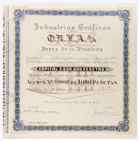ACCION ANTIGUA ORIGINAL. INDUSTRIAS GRAFICAS O.R.L.A  S.A. Nº 0032. JEREZ 1952