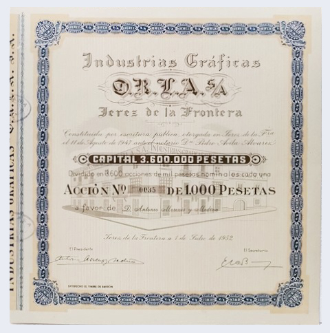 ACCION ANTIGUA ORIGINAL. INDUSTRIAS GRAFICAS O.R.L.A  S.A. Nº 0035. JEREZ 1952
