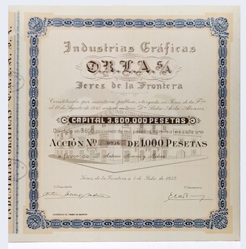 ACCION ANTIGUA ORIGINAL. INDUSTRIAS GRAFICAS O.R.L.A  S.A. Nº 0036. JEREZ 1952