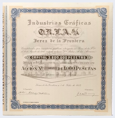 ACCION ANTIGUA ORIGINAL. INDUSTRIAS GRAFICAS O.R.L.A  S.A. Nº 0037. JEREZ 1952
