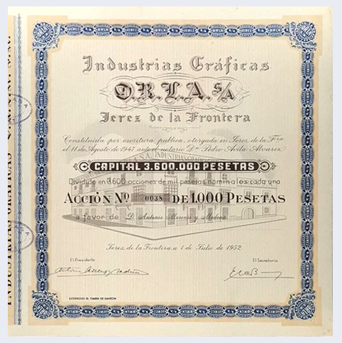 ACCION ANTIGUA ORIGINAL. INDUSTRIAS GRAFICAS O.R.L.A  S.A. Nº 0038. JEREZ 1952