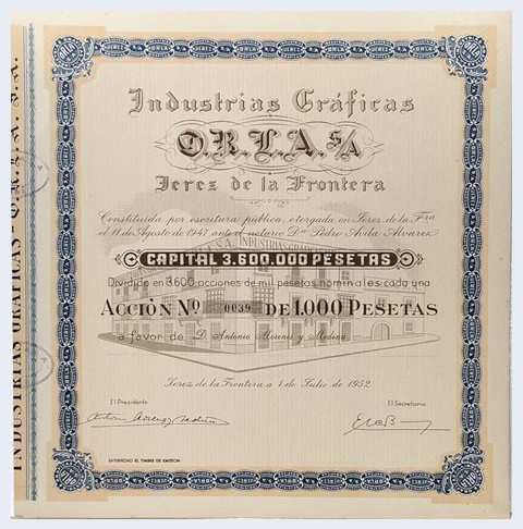 ACCION ANTIGUA ORIGINAL. INDUSTRIAS GRAFICAS O.R.L.A  S.A. Nº 0039. JEREZ 1952