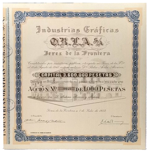 ACCION ANTIGUA ORIGINAL. INDUSTRIAS GRAFICAS O.R.L.A  S.A. Nº 0040.JEREZ 1952