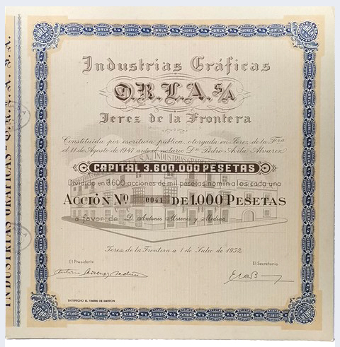 ACCION ANTIGUA ORIGINAL. INDUSTRIAS GRAFICAS O.R.L.A  S.A. Nº 0041.JEREZ 1952