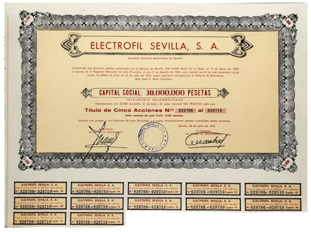 ACCION ANTIGUA ORIGINAL. ELECTROFIL SEVILLA S. A. Nº 029706 AL Nº 029710. SEVILLA 1973