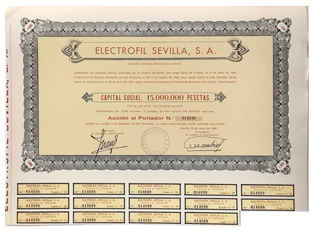 ACCION ANTIGUA ORIGINAL. ELECTROFIL SEVILLA S. A. Nº 014098. SEVILLA 1968