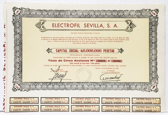 ACCION ANTIGUA ORIGINAL. ELECTROFIL SEVILLA S. A. Nº 040876 AL Nº 040880. SEVILLA 1975