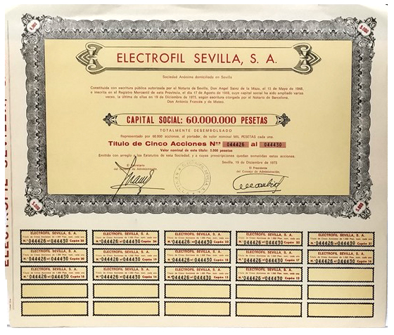 ACCION ANTIGUA ORIGINAL. ELECTROFIL SEVILLA S. A. Nº 044426 AL Nº 044430. SEVILLA 1975
