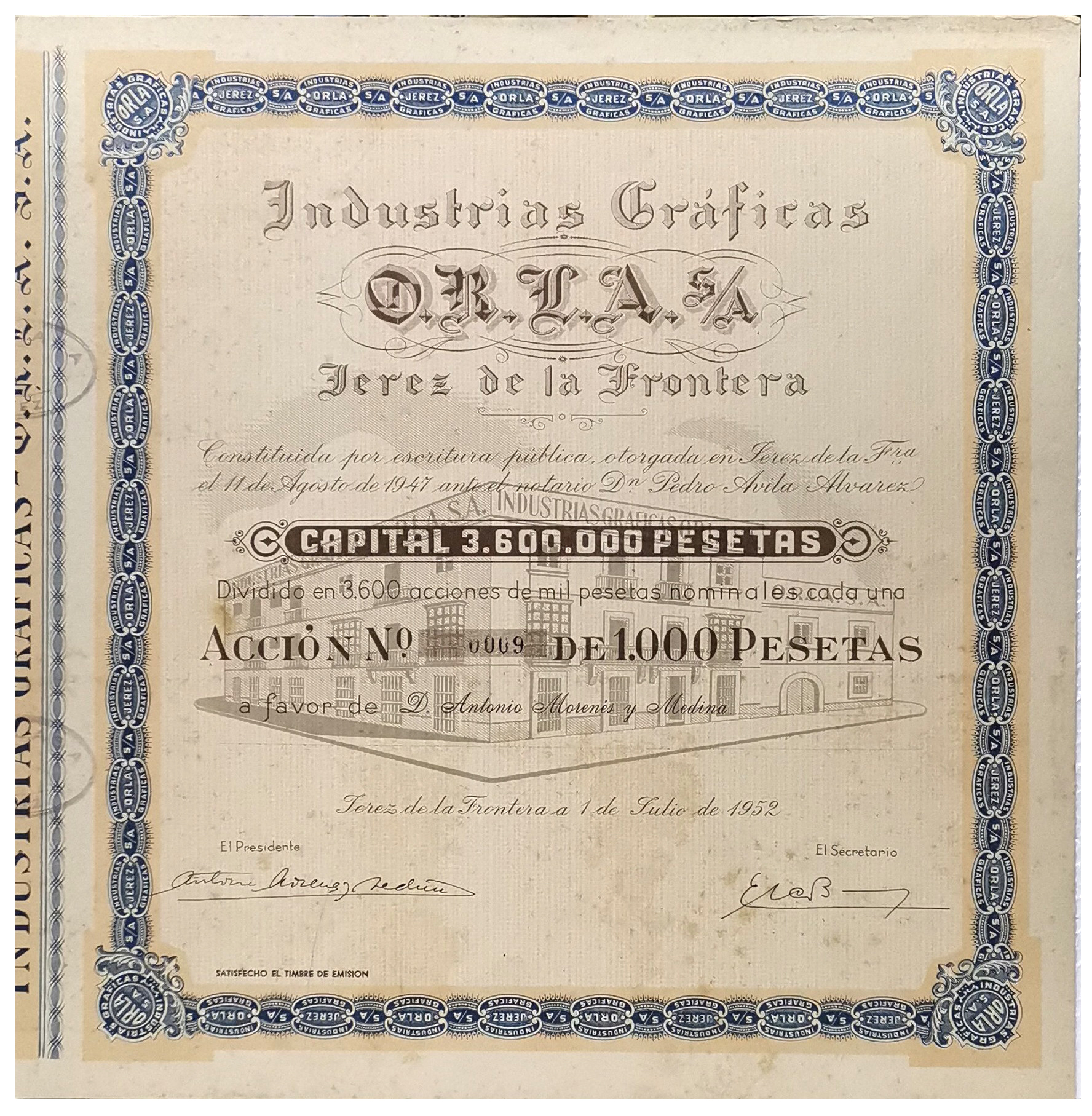 ACCION ANTIGUA ORIGINAL. INDUSTRIAS GRAFICAS O.R.L.A  S.A. Nº 0009. JEREZ 1952