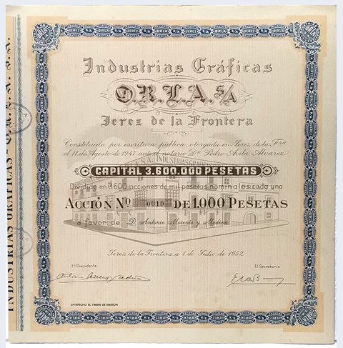 ACCION ANTIGUA ORIGINAL. INDUSTRIAS GRAFICAS O.R.L.A  S.A. Nº 0010. JEREZ 1952